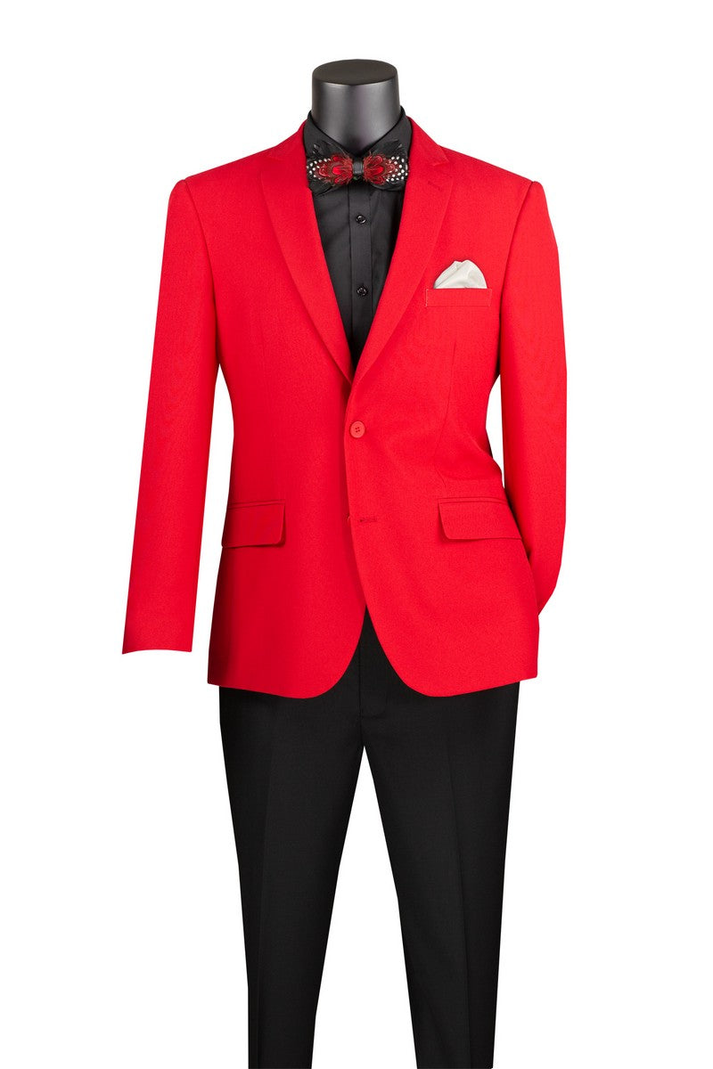 The Slim Fit Single Breasted 2 Buttons Solid Color Blazer Red Z-S2PP by Vinci Suits pairs perfectly with black pants and shirt. The look, enhanced by a red-patterned bow tie and white pocket square, is elegantly displayed on a mannequin.