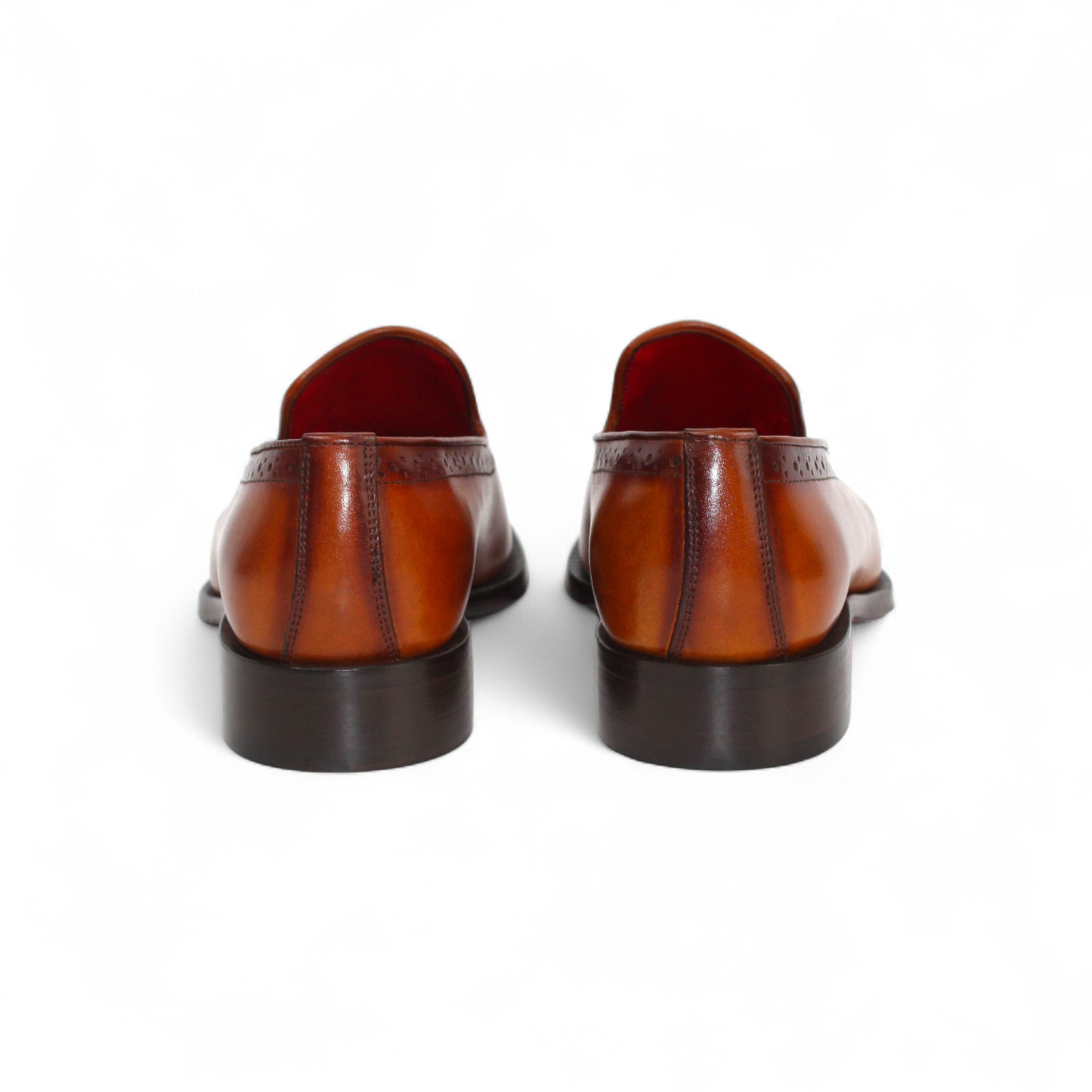 The Emilio Franco A014 Gold is a men's brown Italian leather dress loafer, handcrafted in Italy with a perforated toe, low heel, and red interior lining, displayed against a white background.