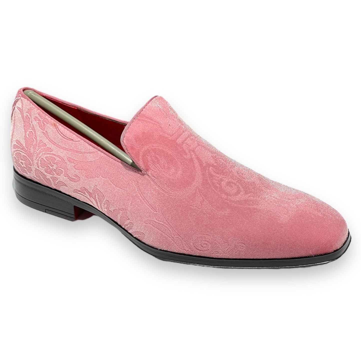 The After Midnight 7017 Pink Paisley loafer features a sleek pink velvet satin design with intricate swirls, paired with a subtle black sole and vibrant red interior lining, elegantly showcased on a white background.
