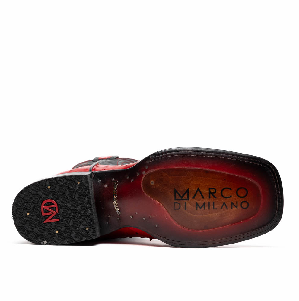 The Marco Di Milano Alabama Red boots feature handcrafted red and black textured leather; one stands upright while the other reveals the branded sole—a modern take on classic Western style.