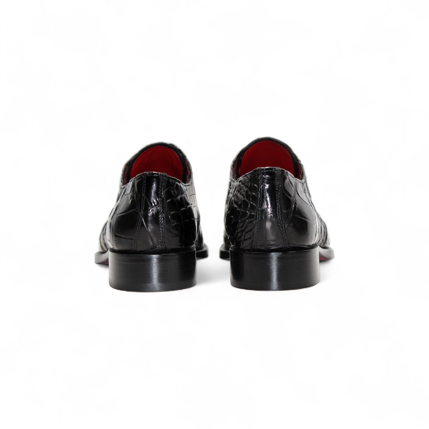 The Fennix Alexander Black by Fennix of Italy is a black leather dress shoe with crocodile texture and low heel, handcrafted in Italian luxury style, shown in side profile against a white background.