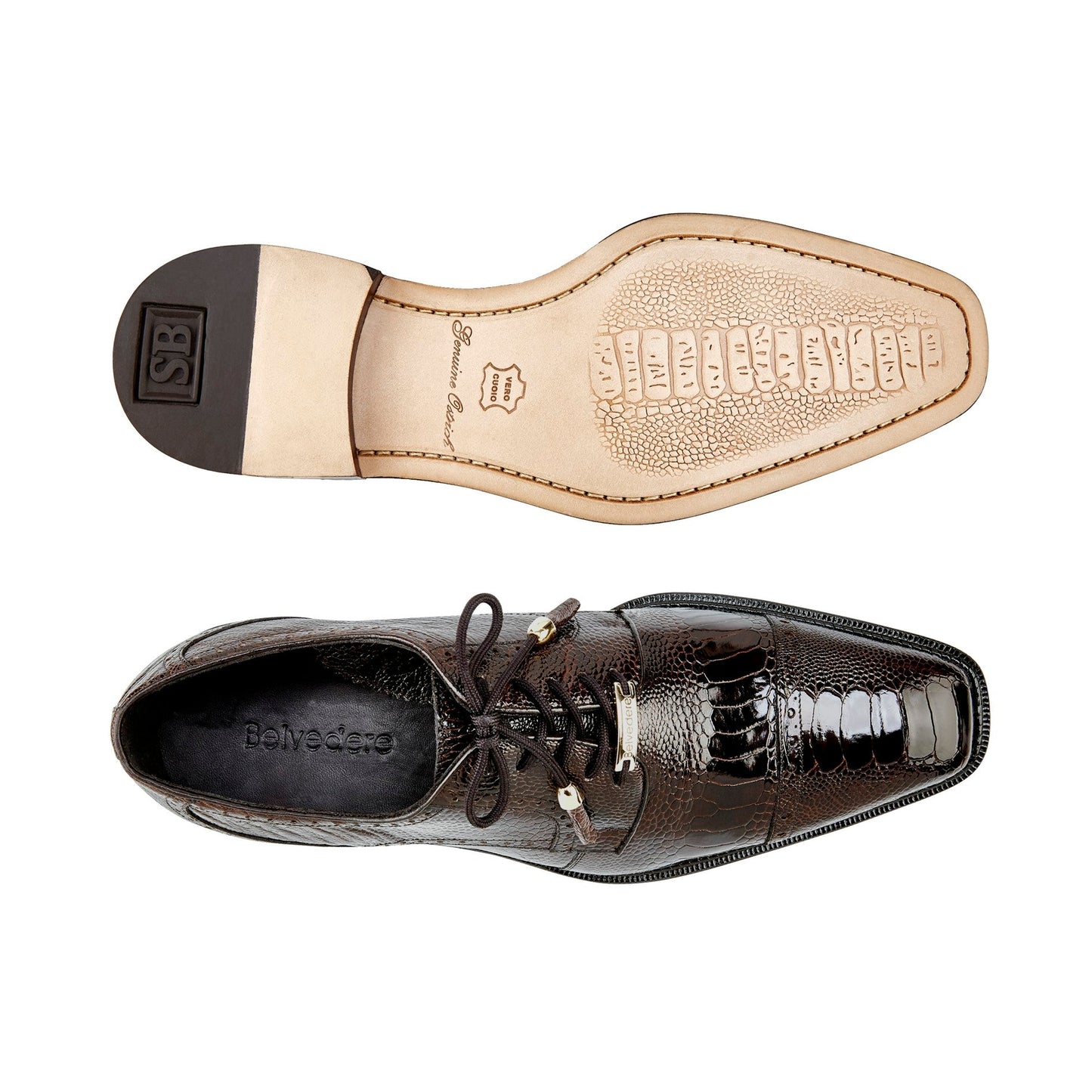 A genuine ostrich leather dress shoe, the Belvedere Batta, in chocolate with a crocodile texture and cap toe lace-up design, displayed on a white background.