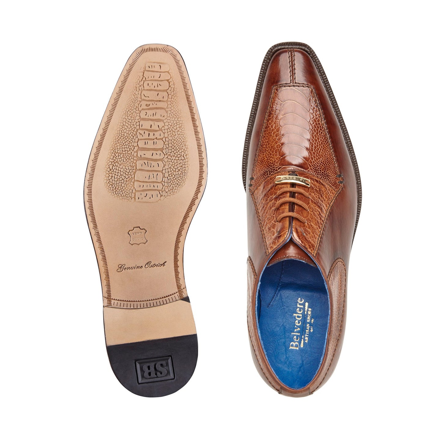 The BELVEDERE Biagio dress shoe, made from Italian Calf leather and Genuine Ostrich Leg in Antique Peanut, features a polished finish with decorative stitching and a low heel.