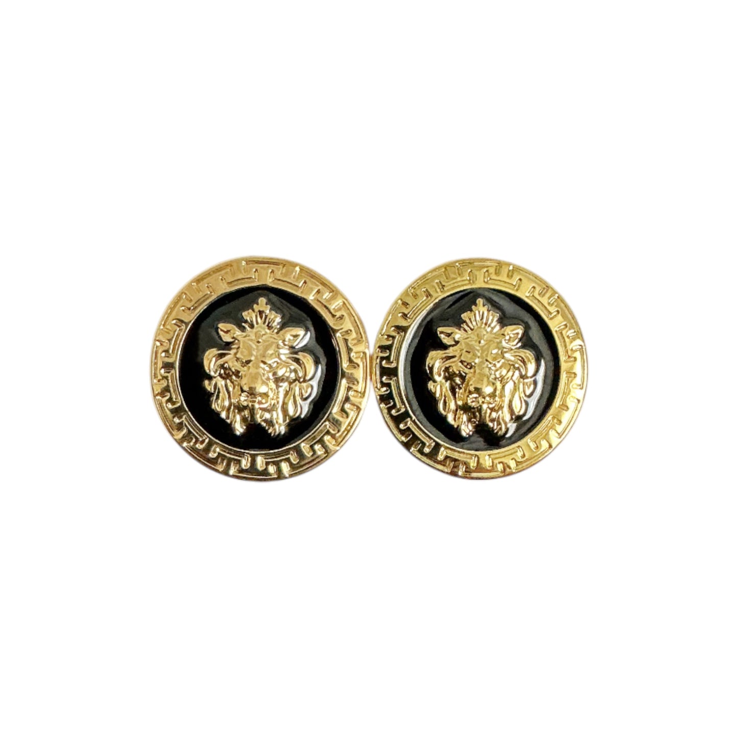 The Matiste Black/Gold Cufflinks by Matiste feature a round design with a raised lion head center and patterned border.