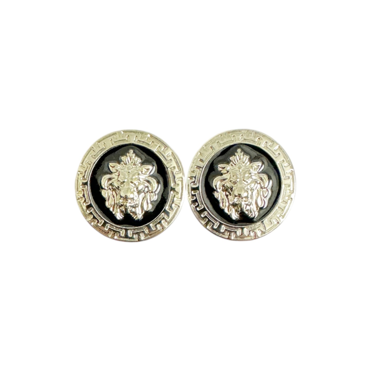 A pair of Matiste Black/Silver cufflinks featuring a raised lion head design in the center, inspired by the bold elegance of Italian accessories.