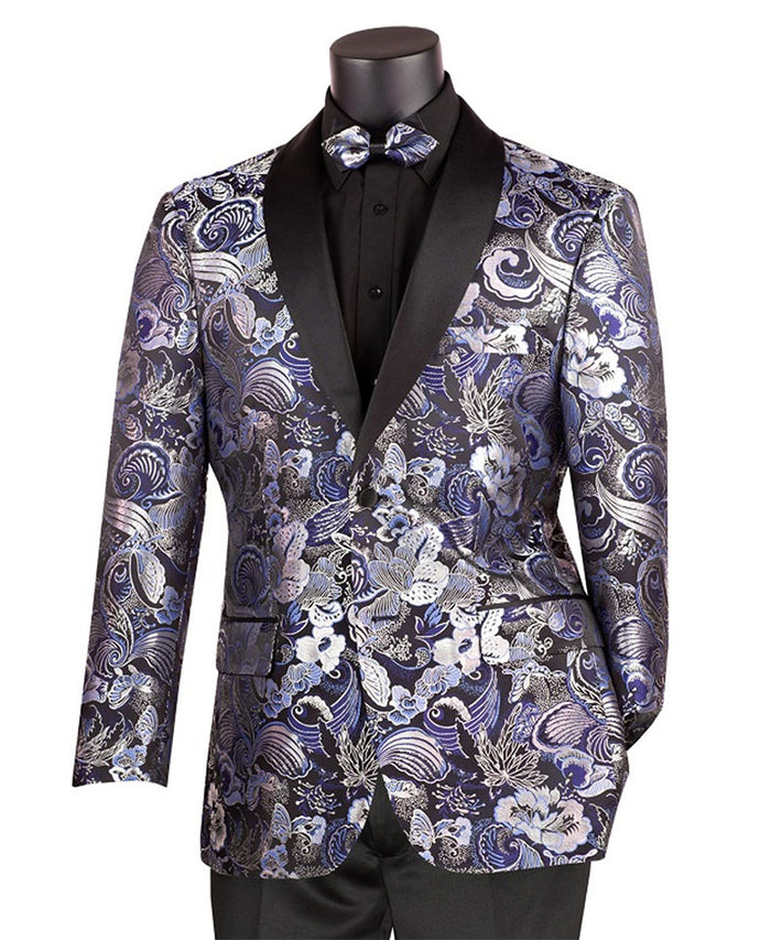 A black mannequin displays the Vinci Suits' Modern Fit Paisley Pattern Jacquard Fabric Jacket with a shawl lapel and bow tie, paired with a black shirt.