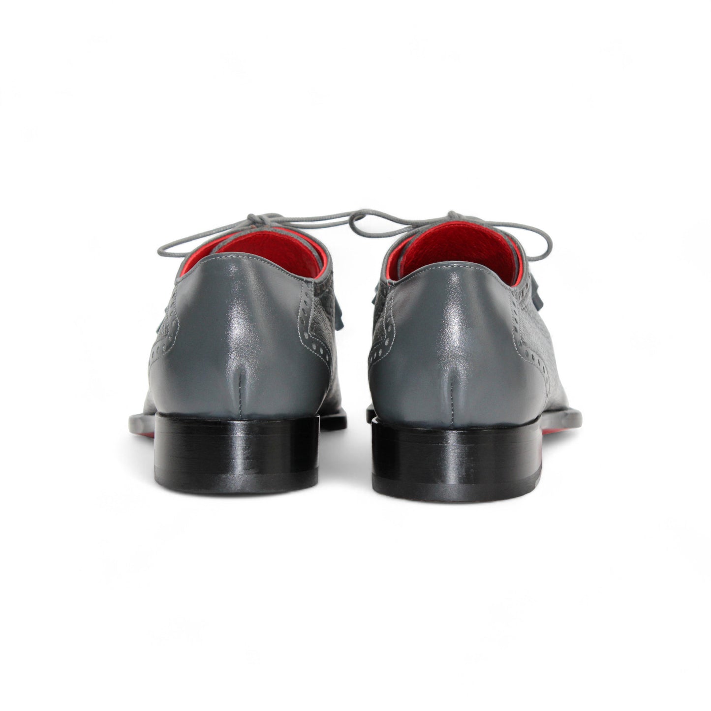 The Emilio Franco Bosco Grey is an Italian handcrafted leather dress shoe featuring laces, a red inner lining, cap toe detail, and a low black heel, showcased in side profile on a white background.