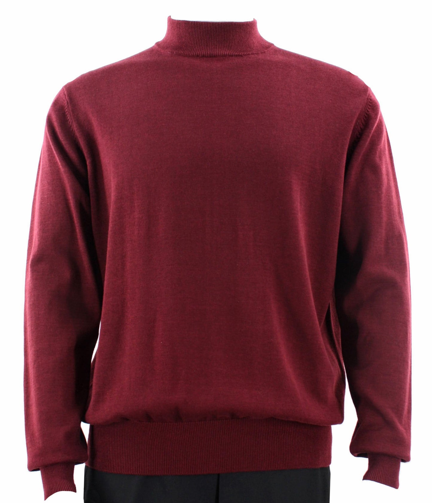 The Bassiri L/S Mock-Neck Burgundy Sweater 630, a refined creation by Bassiri, is made from soft Tencel and elegantly drapes over the person photographed from the back.