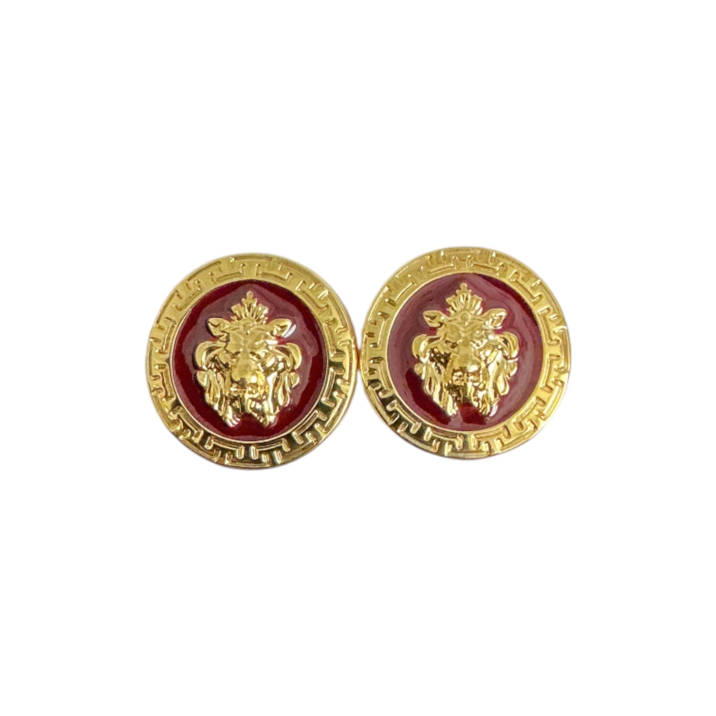Gold and red round earrings with a raised lion head design and patterned border, reflecting the elegance of Matiste Burgundy/Gold Cufflinks by Matiste.