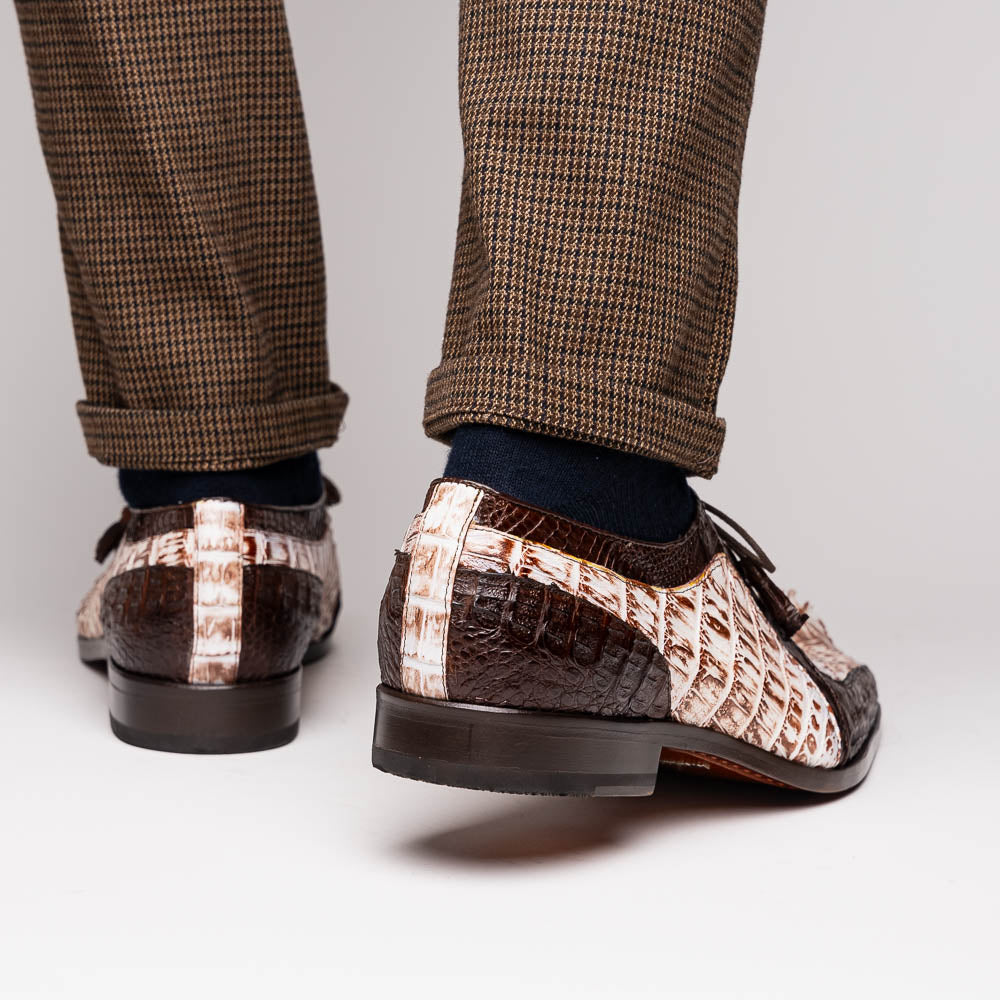 Introducing the Marco Di Milano Caribe Rustic White / Brown: luxury dress shoes in genuine hornback caiman crocodile with brown and beige scales, hand-painted finish, lace-up closure, and a leather sole featuring red stitching.