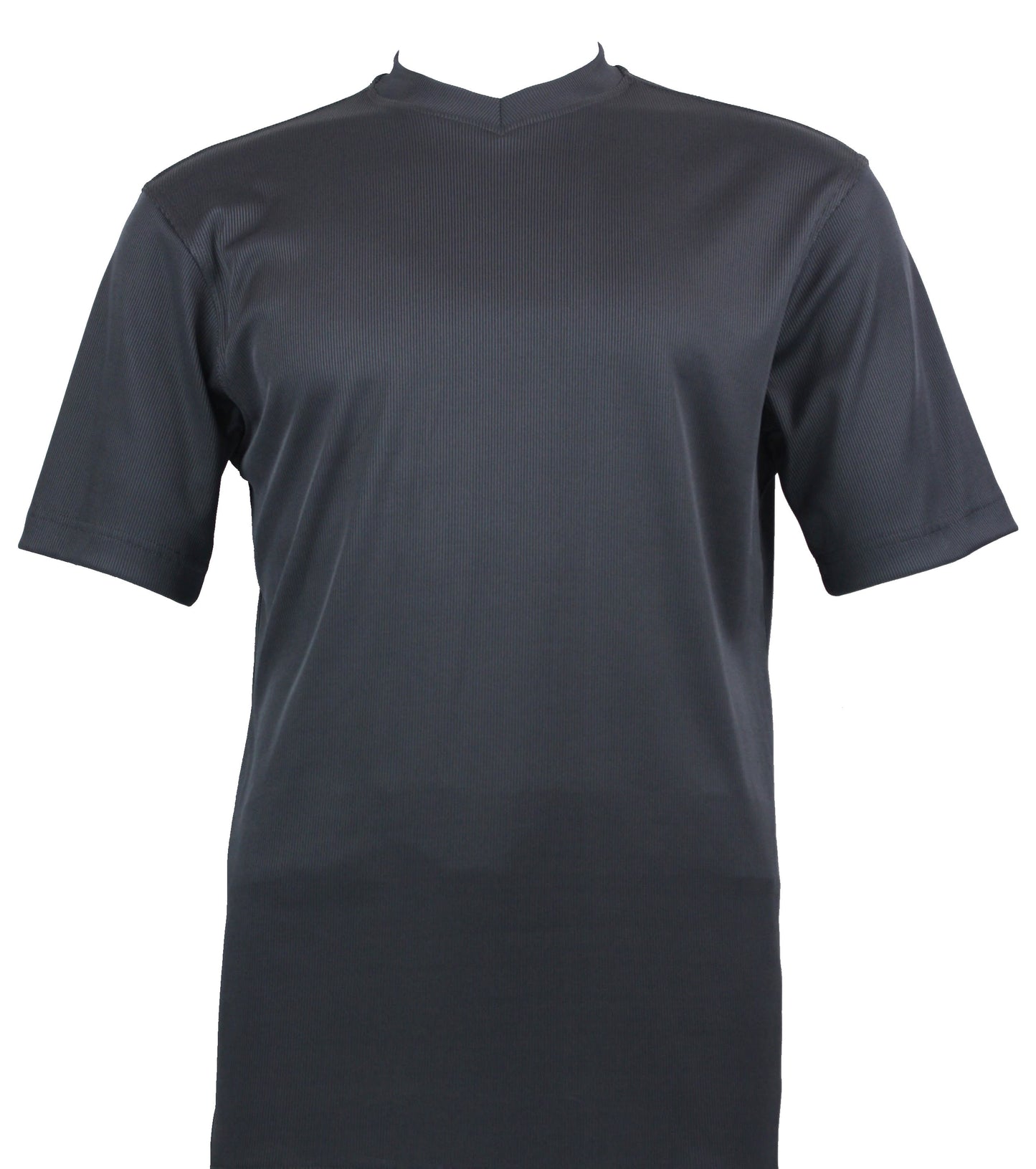 The Bassiri S/S V-Neck Charcoal T-Shirt 219 by Bassiri, made from soft microfiber with a touch of spandex for added stretch, is showcased against a white background and features a V-neck design.