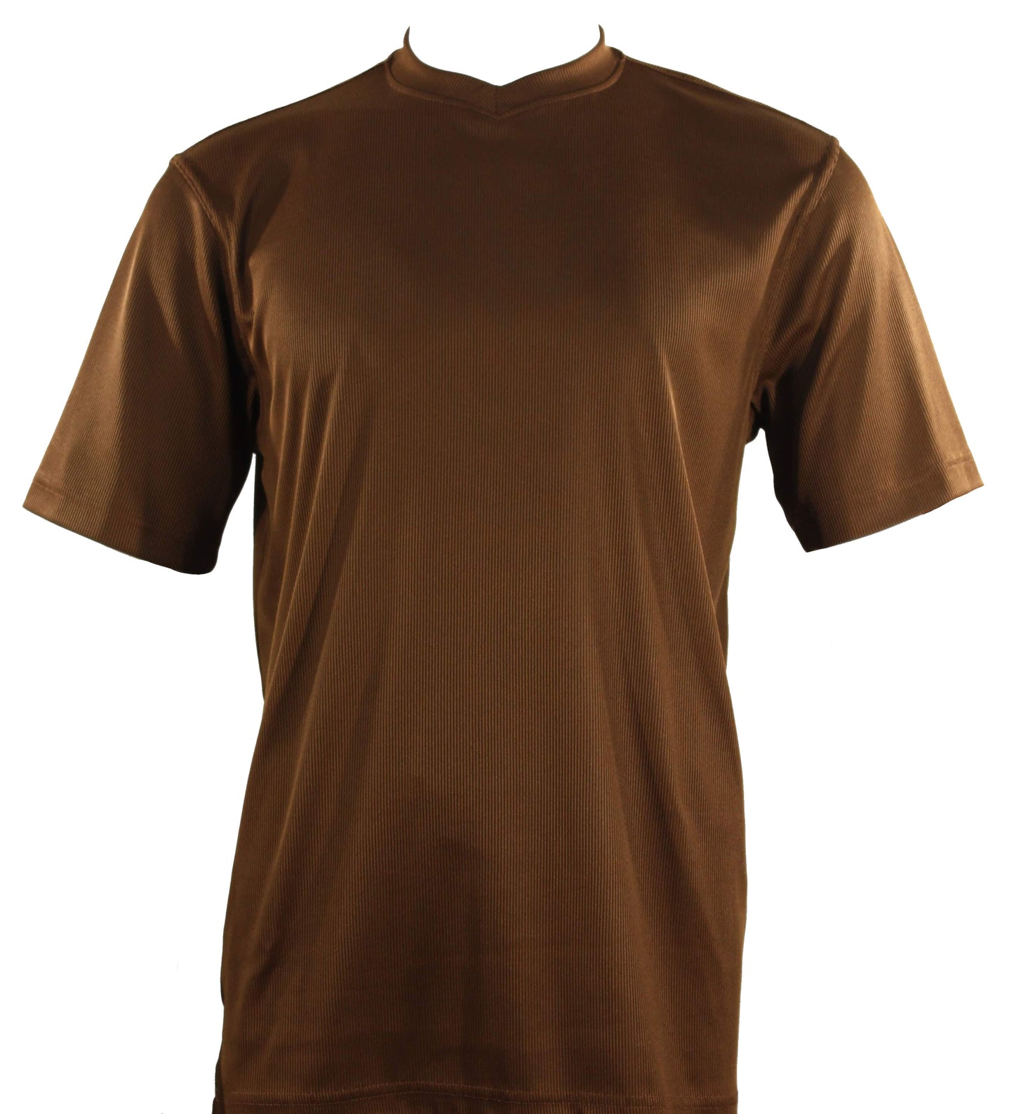 Experience the Bassiri S/S V-Neck Cognac T-Shirt, Style# 219. Crafted from soft microfiber, this plain brown short-sleeve shirt offers a lightweight feel and seamless simplicity against a white backdrop.