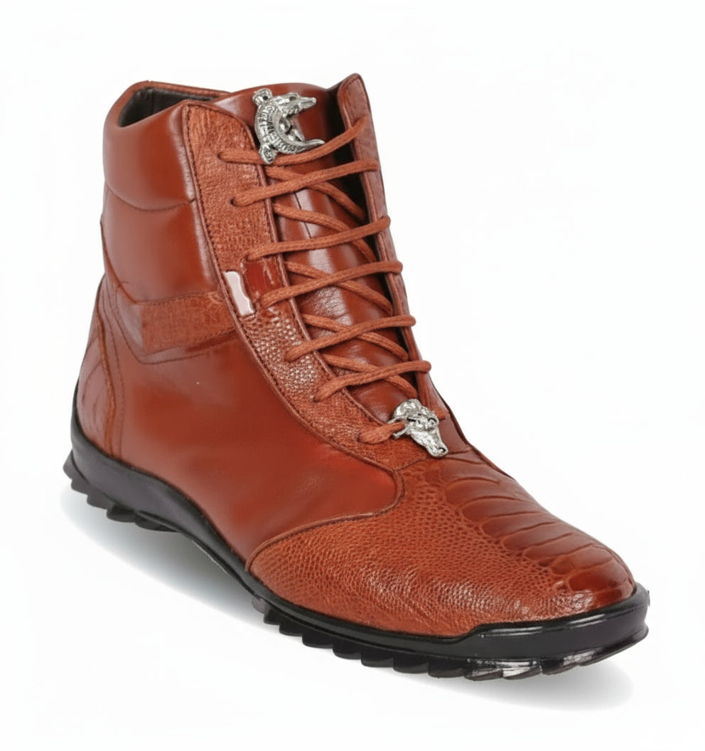 The Los Altos HIGH TOP Cognac Ostrich Boots by Los Altos feature handmade brown ostrich leather, textured details, lace-up front, decorative metal accent, a black sole, and come in color "Cognac" (code ZC120503).