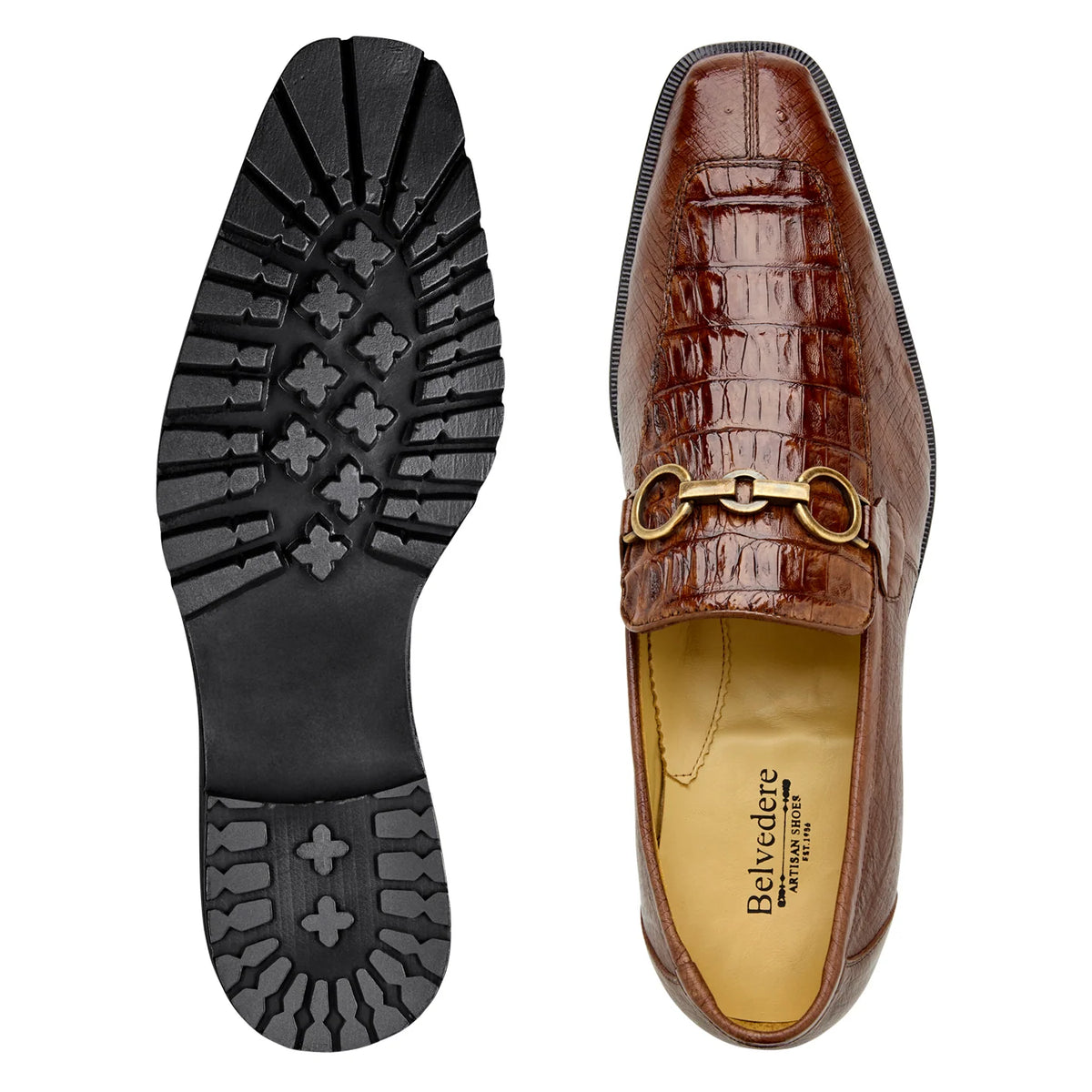 Belvedere - Corso, Genuine Caiman And Ostrich Quill Dress Shoe in walnut, featuring brown textured Caiman leather, a gold-tone horsebit detail, and a thick, black lugged rubber sole.