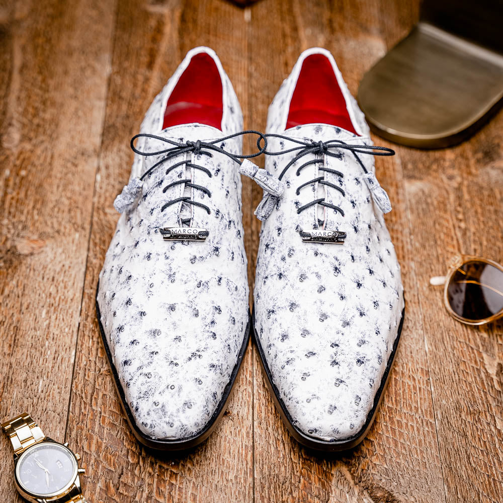 Criss Newspaper by Marco Di Milano: luxury men's dress shoes with a black floral-on-white design, black laces, red lining, brown branded leather soles, and crafted from genuine ostrich quill for exceptional elegance.