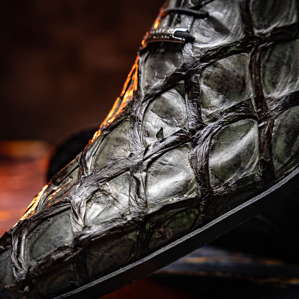 Olivieri Gray by Marco Di Milano: men's dress oxford shoes in textured dark gray crocodile leather, featuring red interior lining and "Marco" branding on the sole—luxury footwear for refined style.