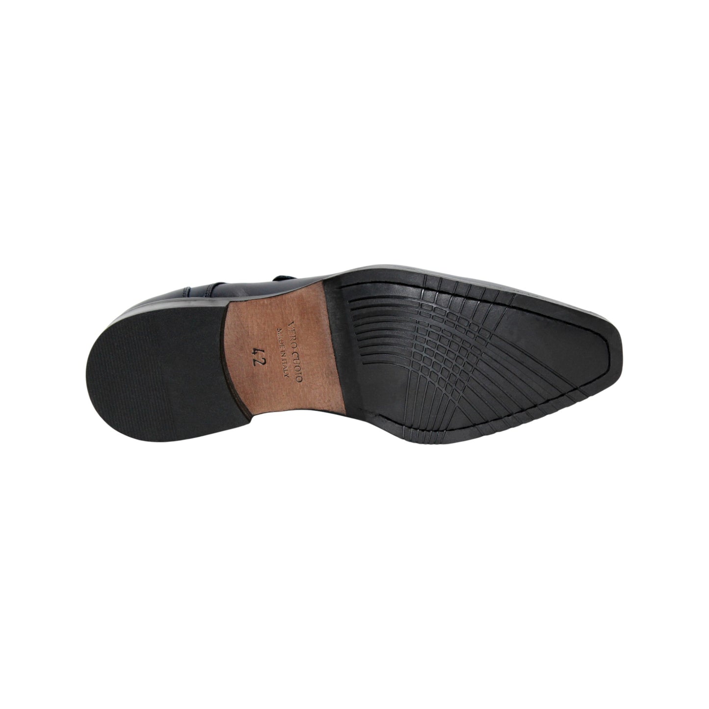 The Firmani Duncan Navy by Firmani is a navy genuine leather monk strap dress shoe with a silver buckle, low heel, and perforated toe detailing, displayed against a white background.