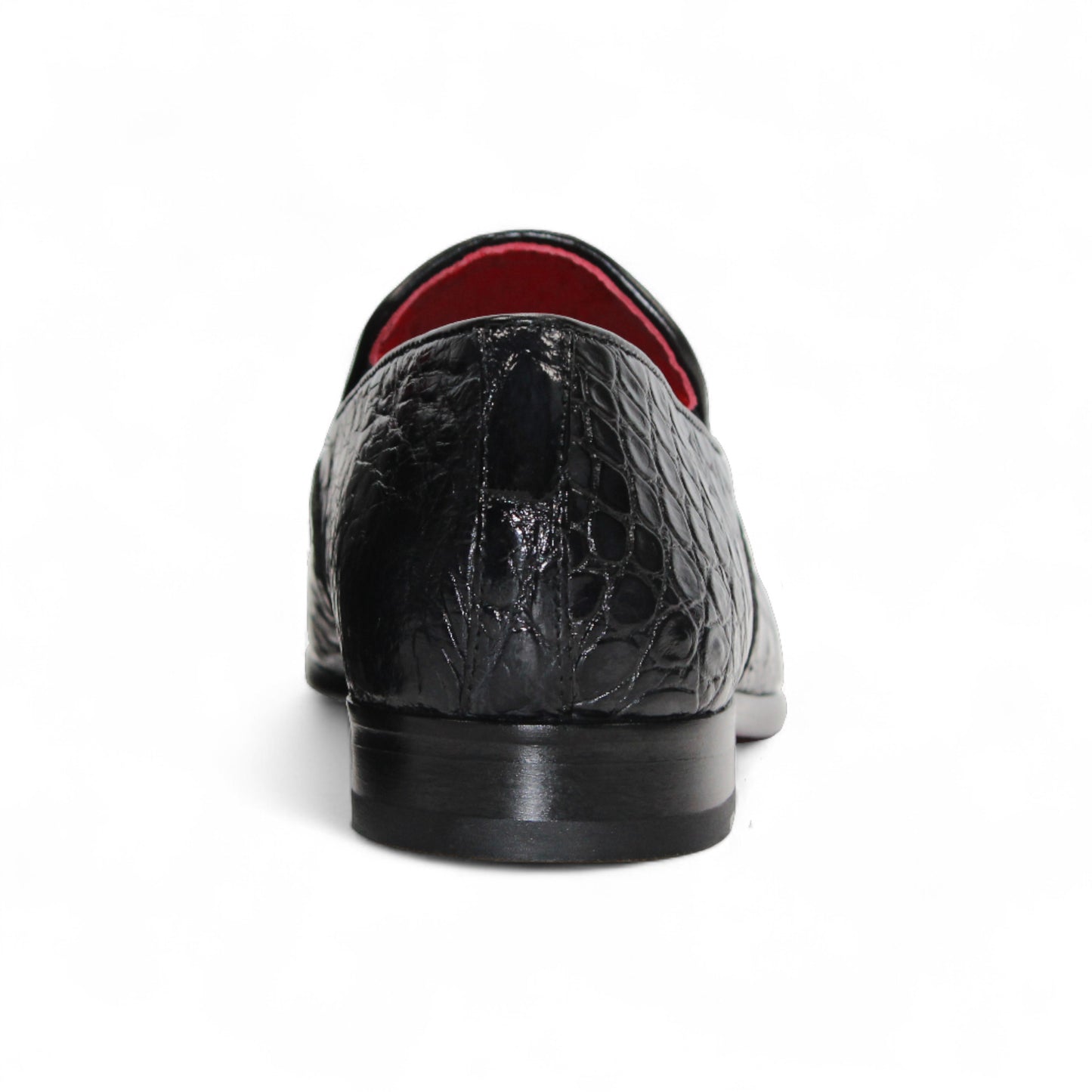 The Fennix Easton Black by Fennix of Italy is a luxury loafer in genuine alligator leather, with a textured black finish, red interior, and fine Italian craftsmanship. Shown in profile on a white background.