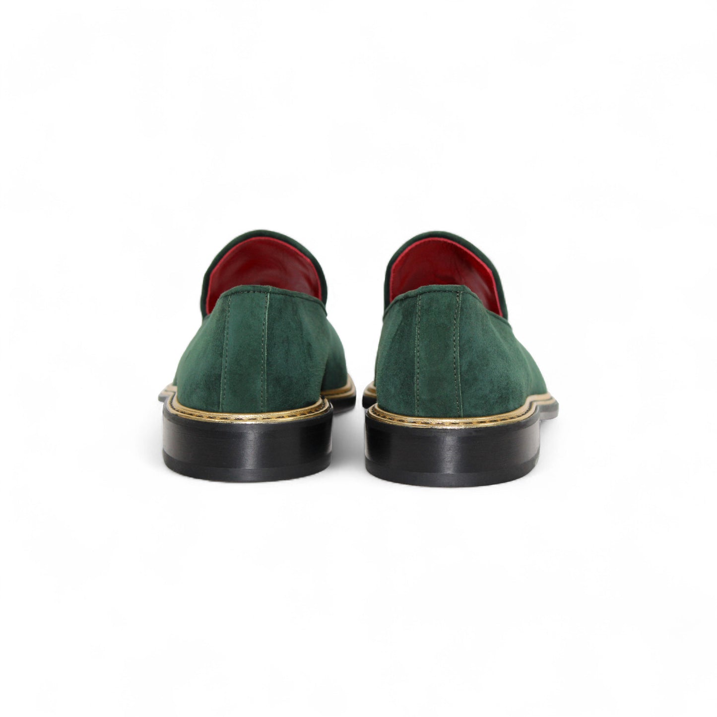 The Emilio Franco Couture EF102 Green/Gold loafer features green Italian suede, gold hardware with a decorative buckle, red inner lining, and a black sole, shown in side profile on a white background.