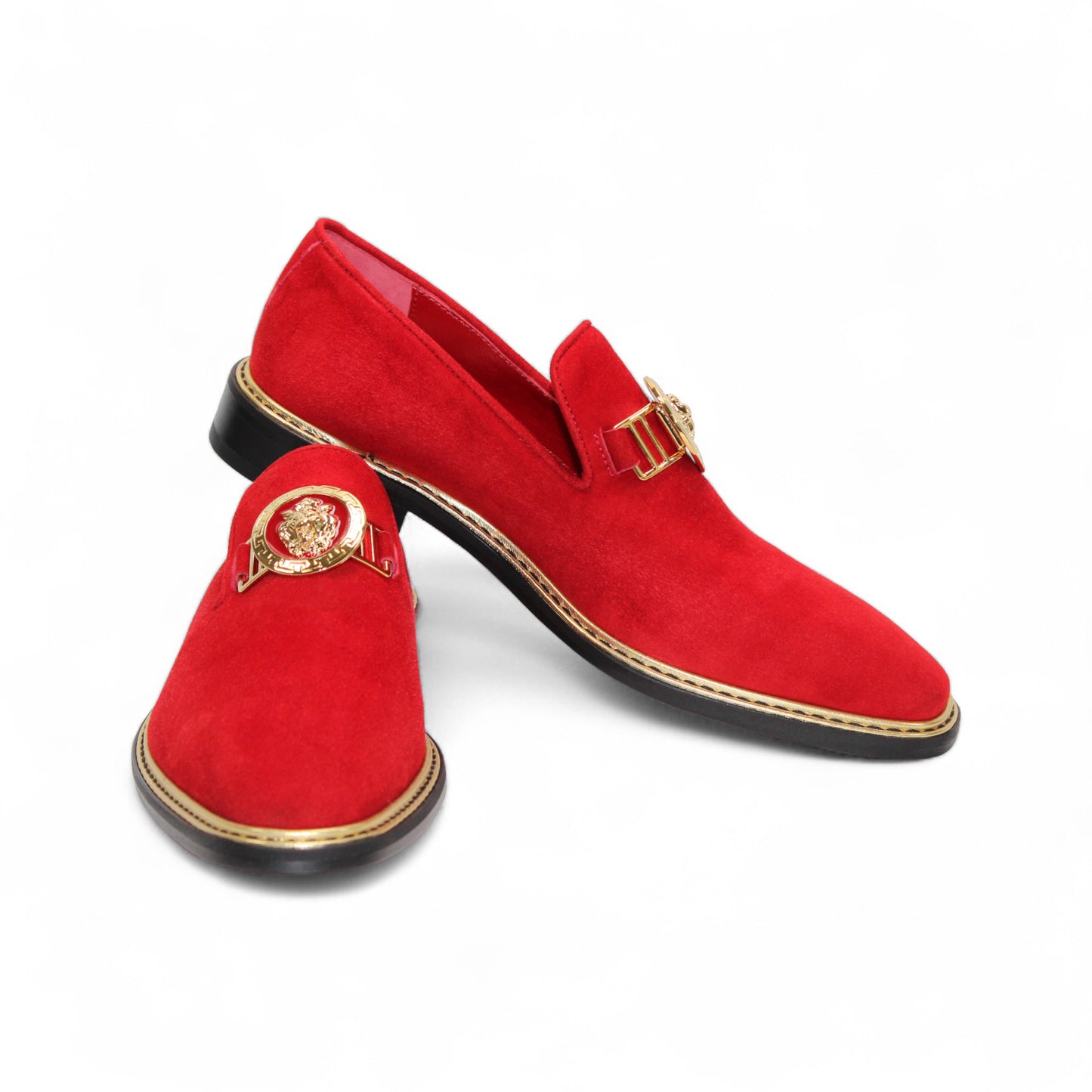 The Emilio Franco Couture EF102 Red/Gold loafer features Italian red suede, gold hardware on the upper, a black premium leather sole, and gold trim around the edge, shown against a white background.