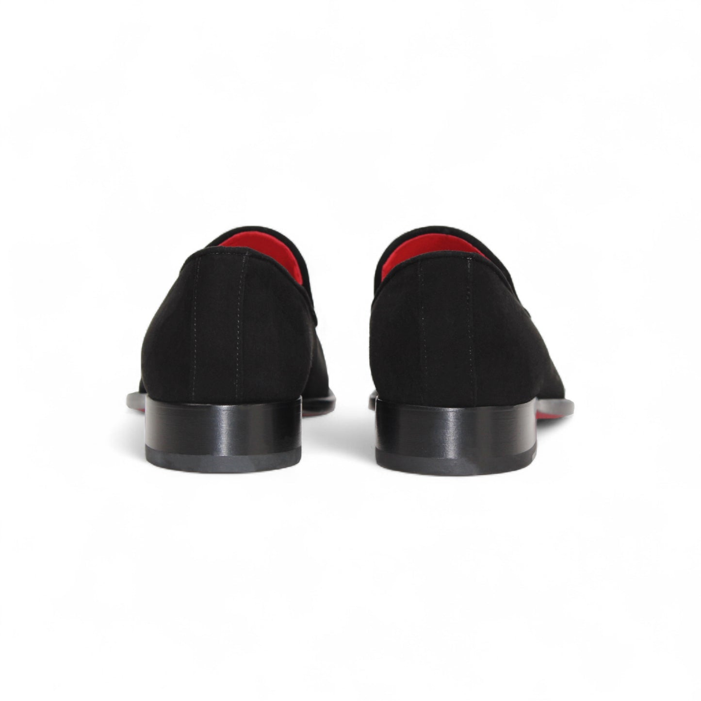 The Emilio Franco Francesco Black is a handcrafted black suede men’s dress shoe by Emilio Franco, featuring a silver metal upper accent, red inner lining, and low black heel, shown on a white background.