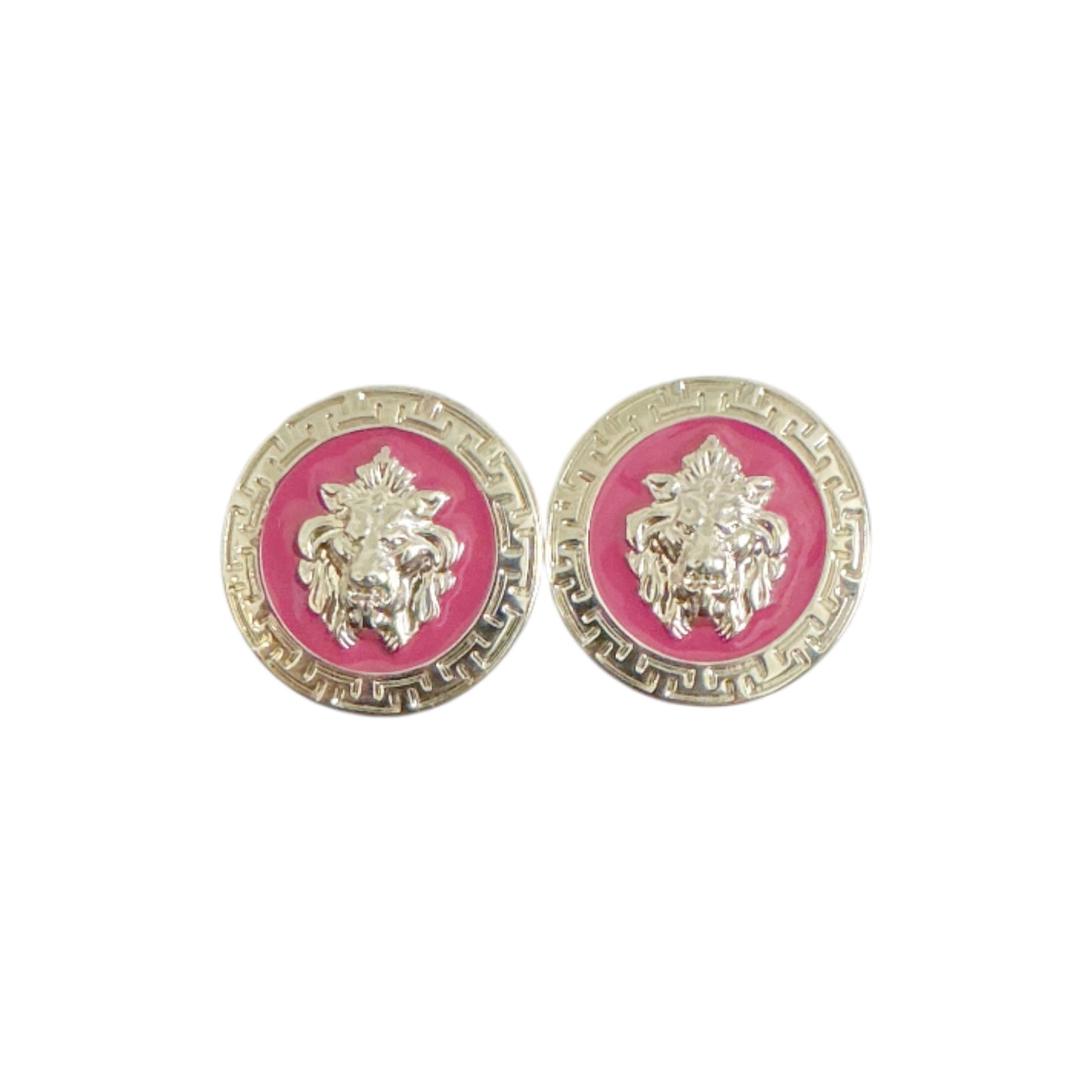 Matiste Fuxia/Silver Cufflinks by Matiste feature a raised lion head on a pink background with a decorative border, echoing the refined elegance of Italian design.