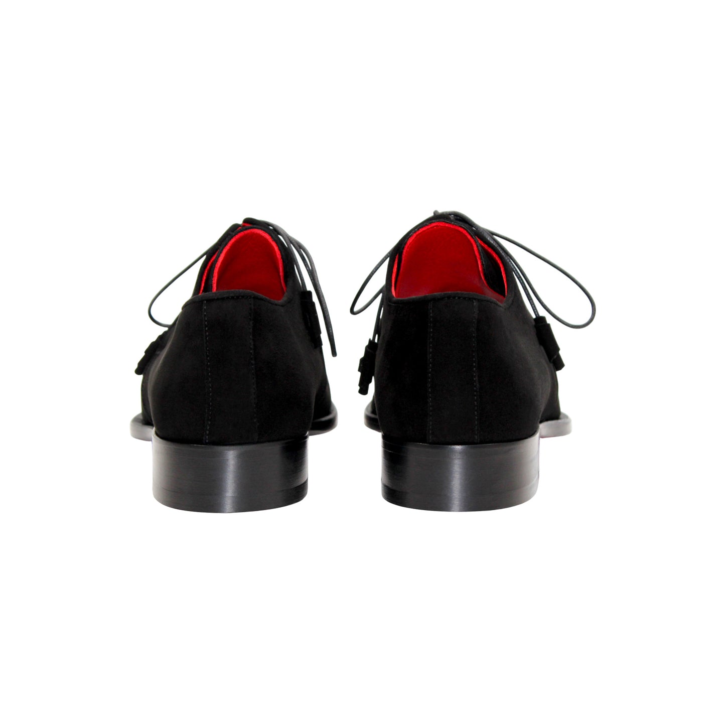The Emilio Franco Gabriele Black is a black Italian suede lace-up dress shoe with leather sole, low heel, and red inner lining, shown in profile against a white background.
