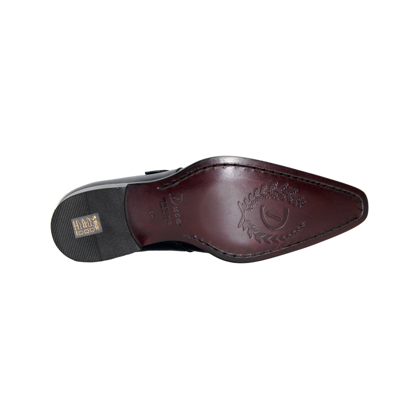 The Duca Di Matiste Duca Garda Black is a genuine black leather dress shoe with a single side buckle and low heel, ideal for the modern wardrobe, shown against a white background.