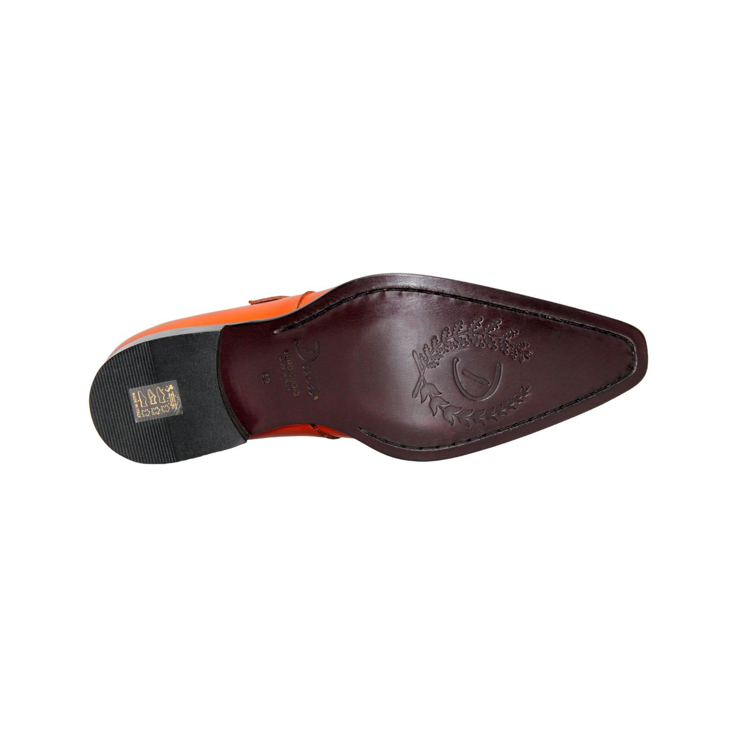 The Duca Di Matiste Duca Garda Orange dress shoe, crafted from genuine leather with a side buckle and low black heel, is shown in profile on a white background—a refined, modern wardrobe addition.