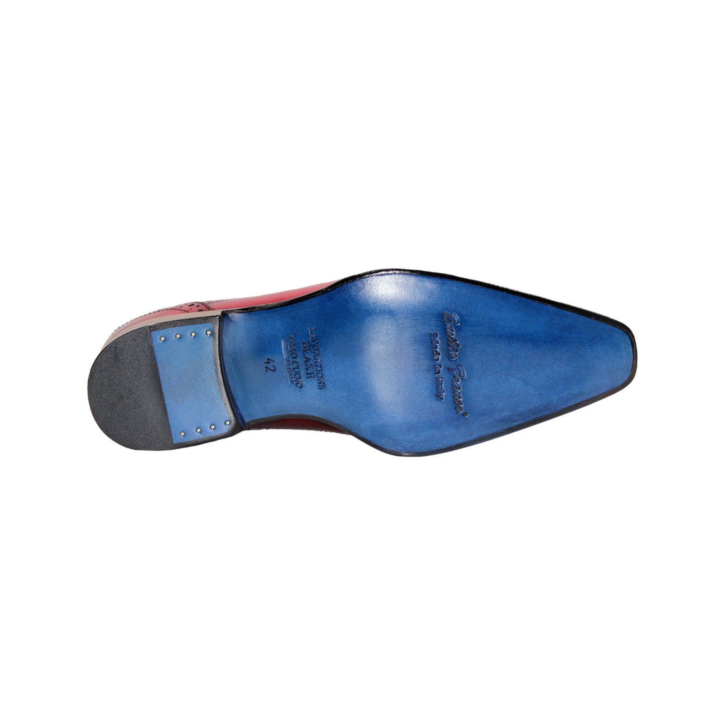 The Emilio Franco Giacamo Antique Red by Emilio Franco is a men's dress shoe in red genuine leather with black laces, brogue details, and a wooden heel, displayed in profile on a white background.