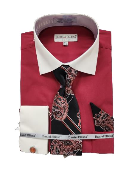 Daniel Ellissa's DS3829P2 magenta two-tone solid shirt, featuring a distinctive white collar and cuffs, is stylishly complemented by a black paisley tie and pocket square set. The shirt and accessories are meticulously arranged.