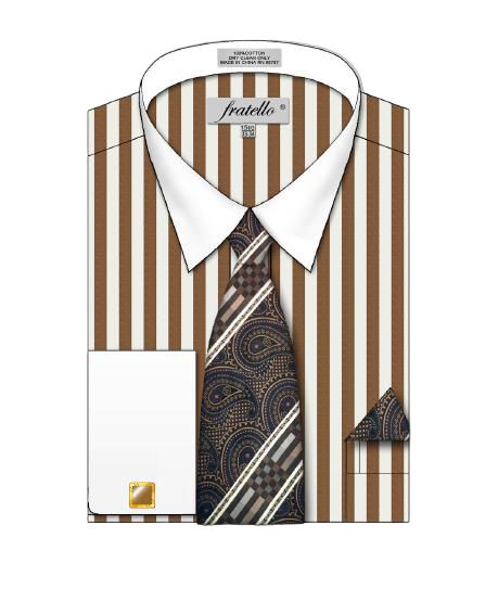 Fratello Bold Striped Pattern French Cuff Shirt FRV4159P2 Tan 18.5 6/7 Fratello Bold Striped Pattern French Cuff Shirt FRV4159P2 Tan 18.5 6/7