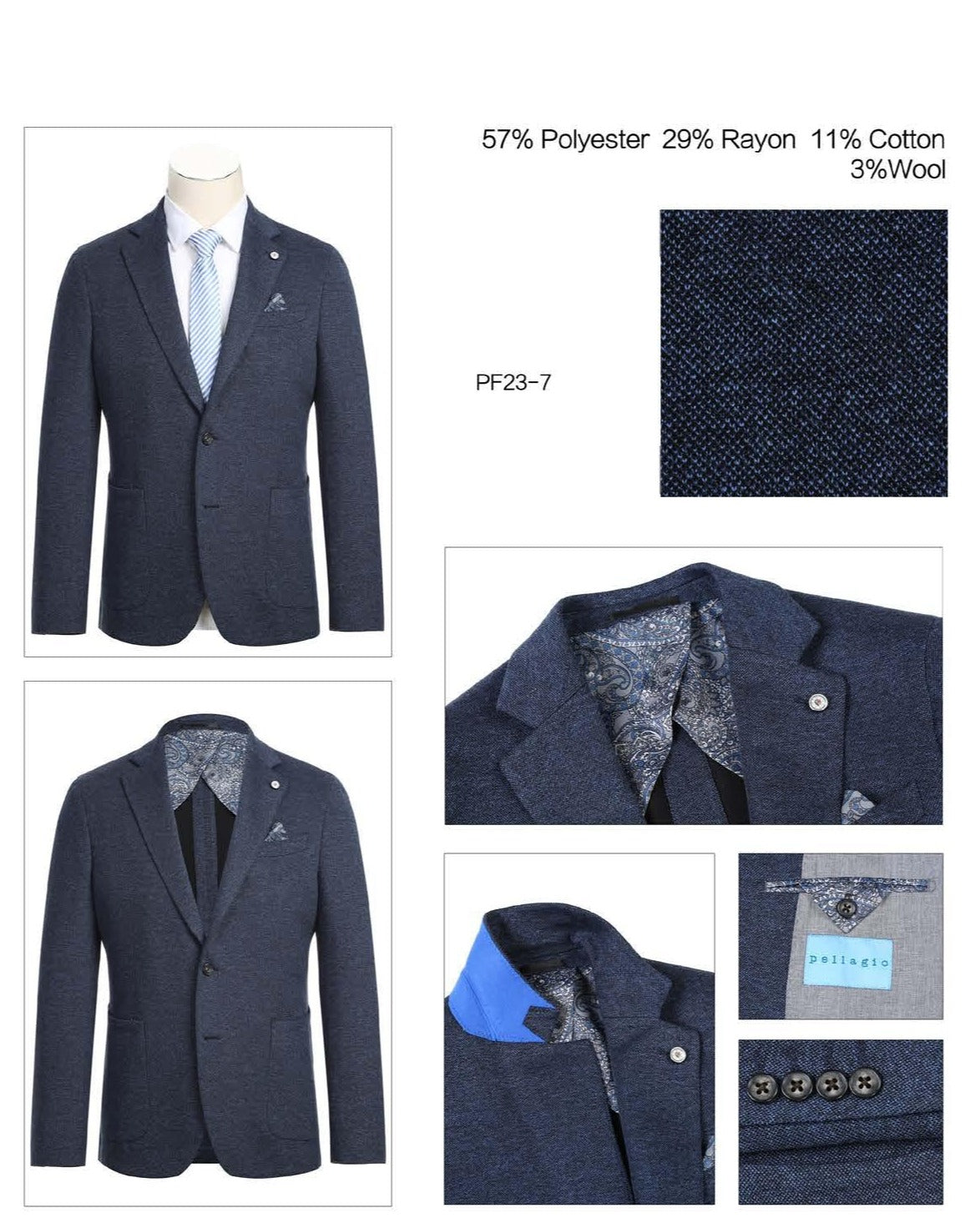 The Pellagio Men's Half Canvas Navy Blazer PF23-7, crafted with expert tailoring in a single-breasted slim fit, is showcased on a mannequin. It is styled with a light blue striped tie and a crisp white shirt, exuding timeless elegance.