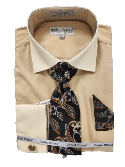 Beige two-tone solid dress shirt (DS3829P2) by Daniel Ellissa, paired with a black paisley tie and matching pocket square, neatly folded.