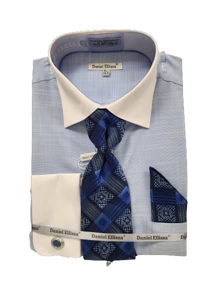 Daniel Ellissa's DS3831P2 shirt in light blue features a white collar and French cuffs, complemented by a patterned blue tie and pocket square.