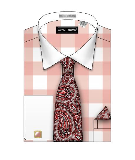 Illustration of a folded AVANTI UOMO dress shirt in a pastel coral big check pattern, accompanied by a paisley patterned tie and matching pocket square.