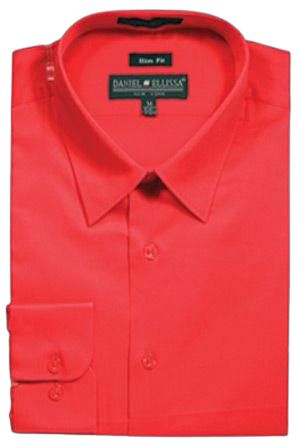 The DANIEL ELLISSA CVC SLIM FIT SHIRT DS3003 RED by Daniel Ellissa showcases a neatly folded design, complete with a slim fit, pointed collar, and buttoned cuffs. The CVC fabric ensures comfort, while the label on the inside collar adds an extra touch of sophistication.