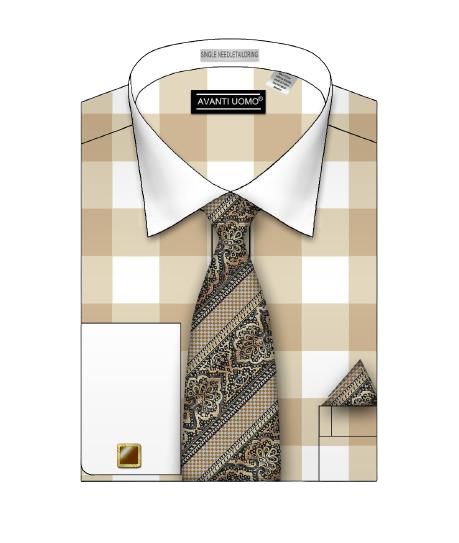 An AVANTI UOMO beige checkered dress shirt paired with a paisley tie and a coordinating pocket square.