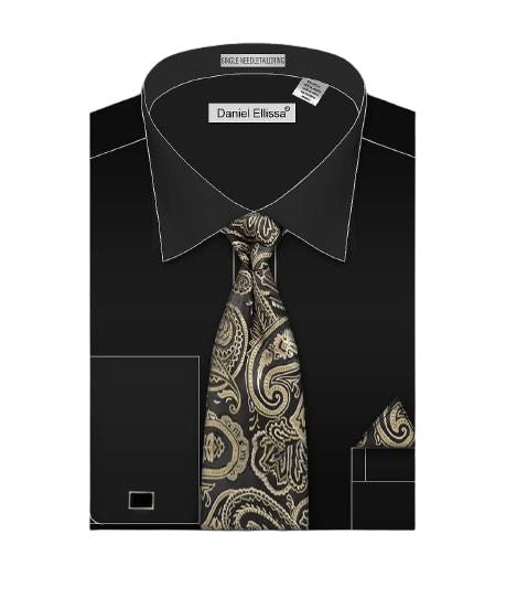 Neatly folded, the Daniel Ellissa Basic French Cuff Shirt in solid black is paired with a paisley tie and matching pocket square set.