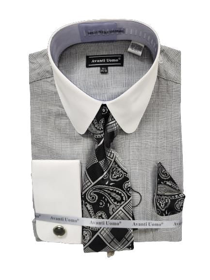 The AVANTI UOMO MONOTONE GLEN CHECK ROUND WHITE COLLAR & CUFF DN131M BLACK features a folded men's dress shirt with a white collar, accompanied by a black patterned tie, and includes a matching pocket square and cufflinks.