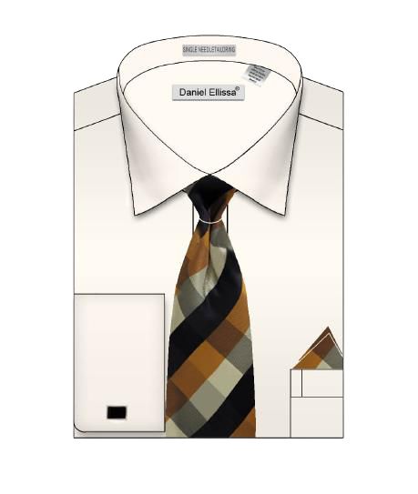 An elegantly folded ivory dress shirt from Daniel Ellissa, complete with a black and brown checkered tie and coordinating pocket square.