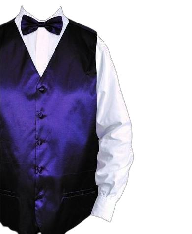An elegant ensemble featuring the Daniel Ellissa Solid Vest Set VS801 in purple, complete with a coordinating bow tie and sleek hanky, paired perfectly with a crisp white button-up shirt.