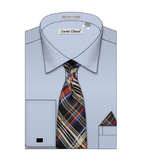 Illustration of a folded light blue dress shirt from Daniel Ellissa, featuring a multi-colored plaid tie and matching pocket square.