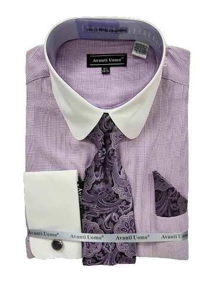 Folded lavender dress shirt with a white collar and cuffs, featuring a monotone glen check pattern, accompanied by a matching paisley tie and pocket square, all from Avanti Uomo.