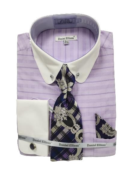 The DANIEL ELLISSA JQD BODY ROUND COLLAR & CUFF WITH COLLAR BAR DS3830P2 LAVENDER dress shirt by Daniel Ellissa, featuring a contrasting white collar and cuffs, is complemented by a patterned tie with floral and geometric designs.