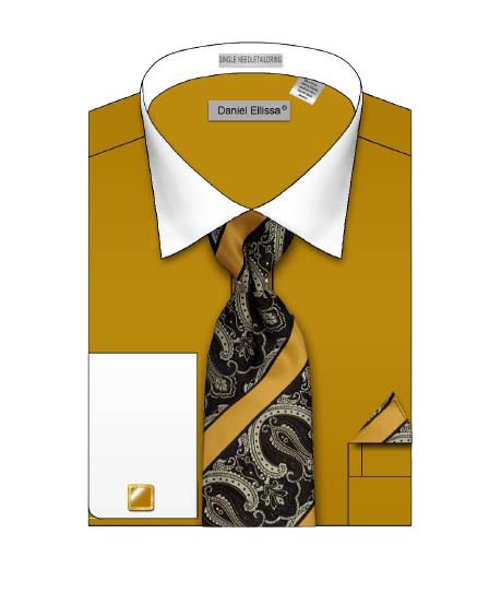 A mustard dress shirt with a white collar by Daniel Ellissa, paired with a matching paisley tie and pocket square set.