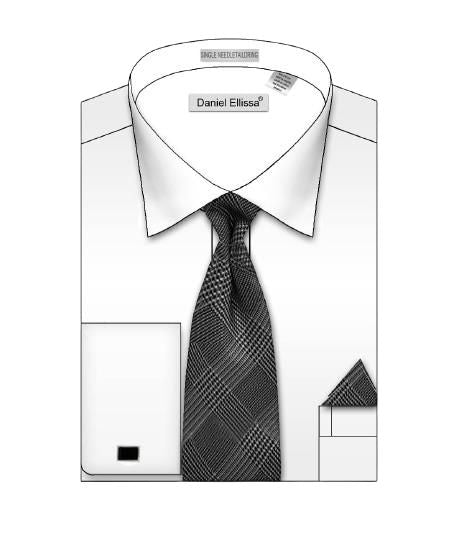 Illustration showcasing a packaged men's dress shirt and tie set. The neat presentation features a DANIEL ELLISSA BASIC FRENCH CUFF SHIRT SOLID COLOR DS3816 WHITE, elegantly folded, with a black patterned tie placed neatly on top.
