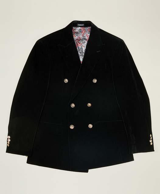 The Inserch DB Velvet Blazer BL502-00001 Black features a double-breasted black velvet design with gold buttons, peak lapel, and a patterned inner lining, shown laid flat on a light background.