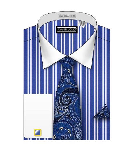 The AVANTI UOMO DOUBLE STRIPED WHITE COLLAR DS3823P2 ROYAL features a blue and white striped design with a contrasting white collar, complemented by a blue paisley tie and matching pocket square.