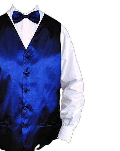 The DANIEL ELLISSA SOLID VEST SET VS801 NAVY by Daniel Ellissa, featuring a blue satin vest with a matching bow tie and coordinating hanky, elegantly complements a crisp white dress shirt.